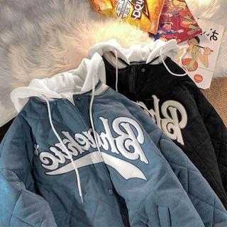 Mock Two-piece Lettering Quilted Hooded Baseball Jacket