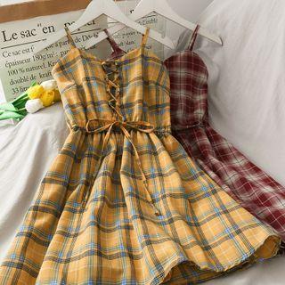 Lace-up Checker Sleeveless Dress In 6 Colors