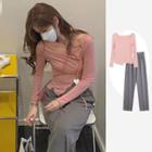 Long-sleeve Slit T-shirt / High-waist Wide-leg Pants