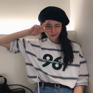 Elbow-sleeve Number Striped T-shirt As Shown In Figure - One Size