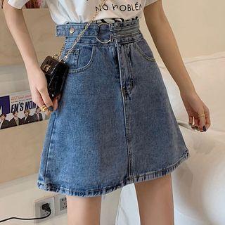 Buckled Mini A-line Denim Skirt