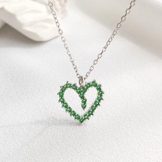 925 Sterling Silver Rhinestone Heart Necklace Green Heart - Silver - One Size