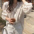 Long-sleeve Floral Print Open-collar Blouse Floral - White - One Size