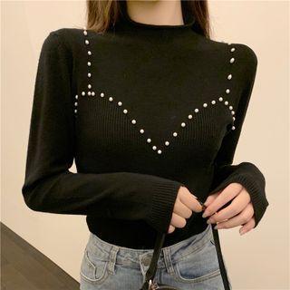 Semi High-neck Pearl Panel Long-sleeve Top