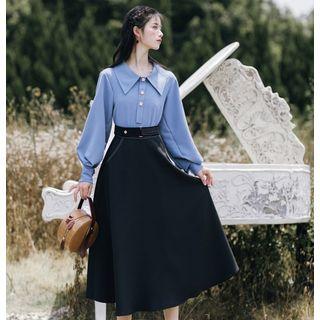 Set: Lantern-sleeve Shirt + Midi A-line Skirt