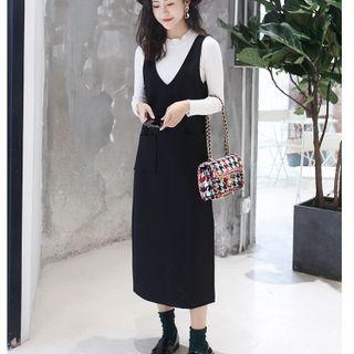 Set: Plain Midi Overall Dress + Long-sleeve Mock-neck Top