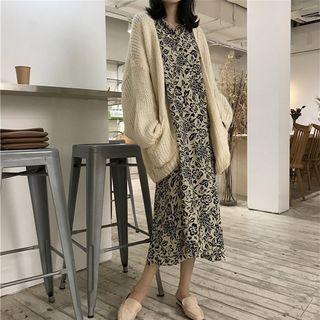 Cardigan / Long-sleeve Floral Print A-line Midi Dress