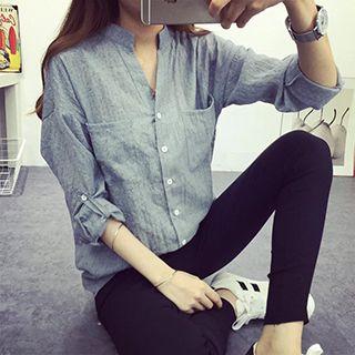 Plain Stand Collar 3/4-sleeve Shirt