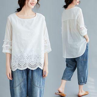 Eyelet Elbow-sleeve Blouse White - One Size