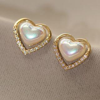 Heart Faux Pearl Rhinestone Alloy Earring 1 Pair - Stud Earrings - Love Heart - Gold - One Size