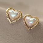 Heart Faux Pearl Rhinestone Alloy Earring 1 Pair - Stud Earrings - Love Heart - Gold - One Size