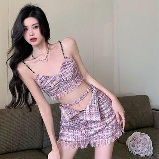 Plain Woolen Cropped Tank Top / High-waist Mini Skirt