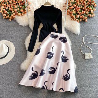Set: Mock Neck Knit Top + Printed A-line Skirt