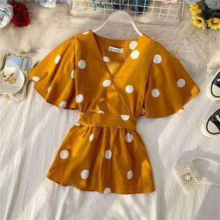 V-neck Doted Short-sleeve Chiffon Top