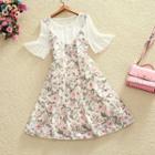 Elbow-sleeve Lace Top / Printed Pinafore Dress / Set: Elbow-sleeve Lace Top + Printed Pinafore Dress