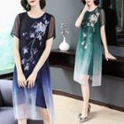 Short-sleeve Flower Print Silk Dress