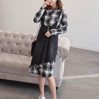 Long-sleeve Plaid Shirtdress / Mini Denim Jumper Dress / Set