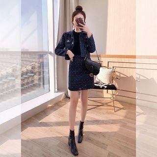 Set: Tweed Jacket + Fringed Hem Tweed Skirt