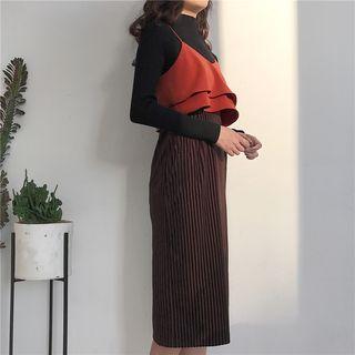 Mock-neck Long-sleeve Knit Top / Ruffle Trim Spaghetti Strap Dress
