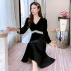 Long-sleeve Lace-trim Velvet A-line Dress