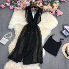 Set: Sleeveless Mesh Long Blazer + Slipdress