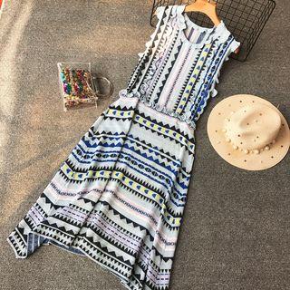 Ruffle-trim Patterned Sleeveless Knit Dress