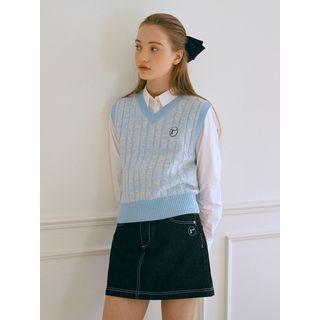V-neck Cable-knit Sweater Vest Light Blue - One Size