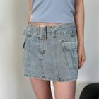 High-waist Belt-accent Washed Mini Denim Skirt