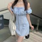 Puff-sleeve Square-neck Lace Panel Plaid Dress