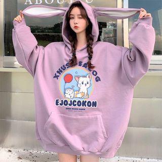 Cartoon Print Bunny Ear Hoodie