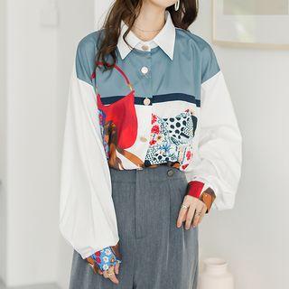 Puff-sleeve Printed Shirt As Shown In Figure - One Size