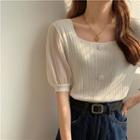 Puff-sleeve Paneled Ribbed Knit Top