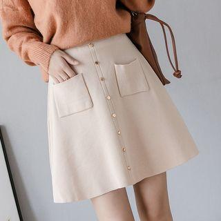 Button-detail Mini A-line Knit Skirt