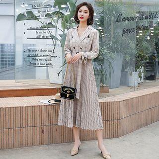 Long-sleeve Plaid Midi A-line Dress With Belt