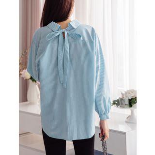 Plus Size Tie-back Striped Cotton Blouse
