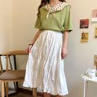 Short-sleeve Mock Two-piece T-shirt / Midi A-line Ruched Skirt
