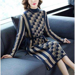 Mock Turtleneck Midi Plaid Sweater Dress