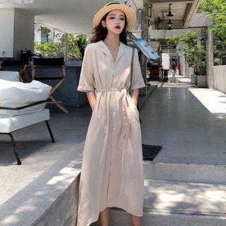 Tie-waist Elbow-sleeve Midi Shirtdress