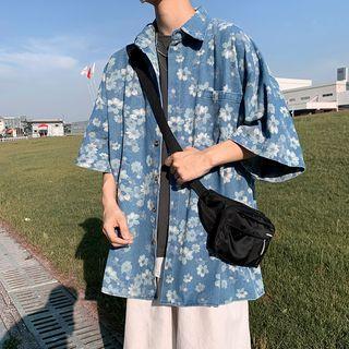 Short Sleeve Floral Print Denim Shirt