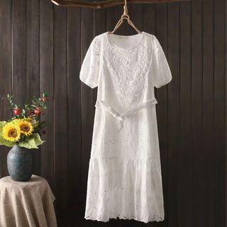 Short-sleeve Lace Midi Dress White - One Size