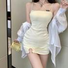 Long-sleeve Open Back Bow Sheer Shirt / Spaghetti-strap Plain Side-slit Dress