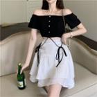 Off-shoulder Button-up Crop Top / Mini Tiered Skirt