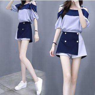 Set: Elbow-sleeve Ribbon Strap Top + Color Block Skorts