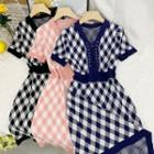 Short-sleeve Plaid Knit Mini A-line Dress