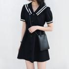 Puff-sleeve Peter Pan-collar Striped Panel Single-breasted Dress