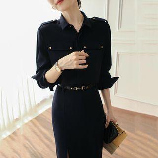 Set: Long-sleeve Shirt + Slit Midi Pencil Skirt