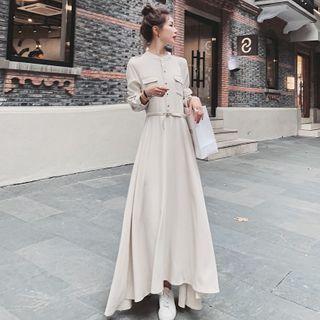 Pocket Detail Long-sleeve Maxi A-line Dress
