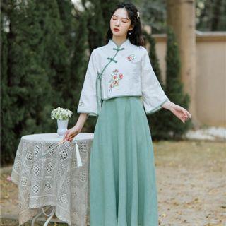 Set: 3/4-sleeve Floral Embroidered Frog Buttoned Top + Midi Skirt