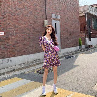Sharp-shoulder Frill-hem Floral Dress