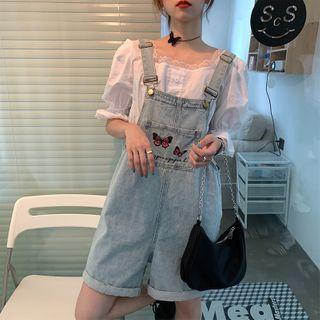 Puff-sleeve Top / Denim Jumper Shorts